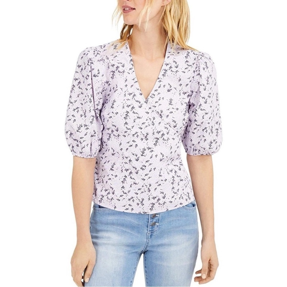 INC Floral Puff Half Sleeve Faux Wrap V Neck Top Blouse Purple Women S NEW